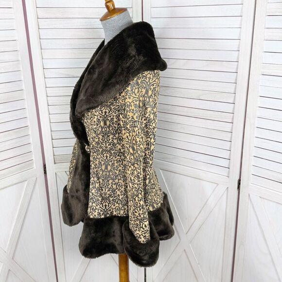 Newport News Vintage Embossed Faux Fir Trim Leather Princess‎ Swing Coat Small - Picture 2 of 15